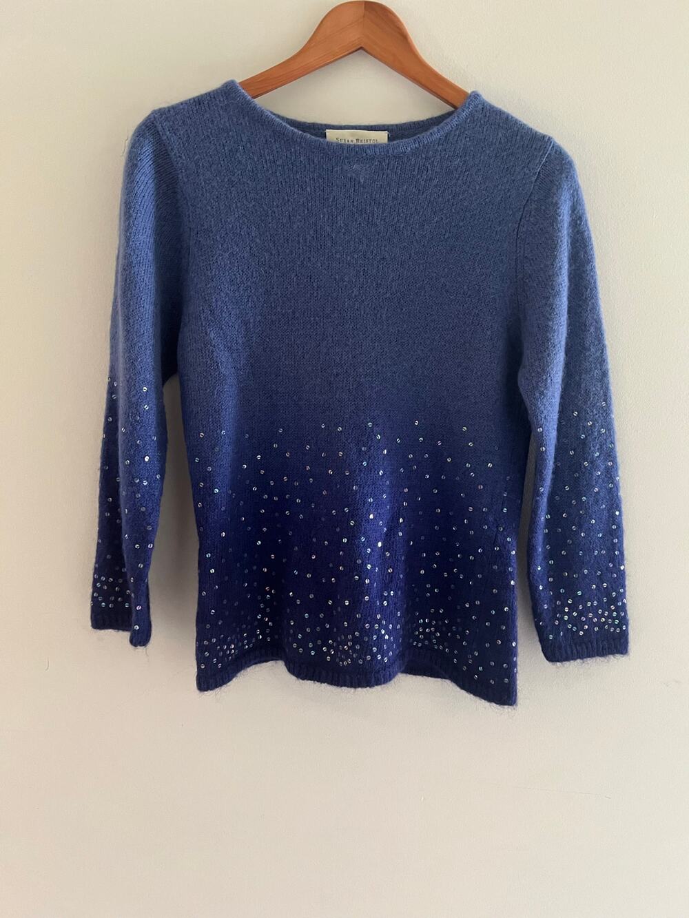 Susan Bristol Mohair Boat Neck Sweater Cocktail Blue Ombre Sequins Size Small JL